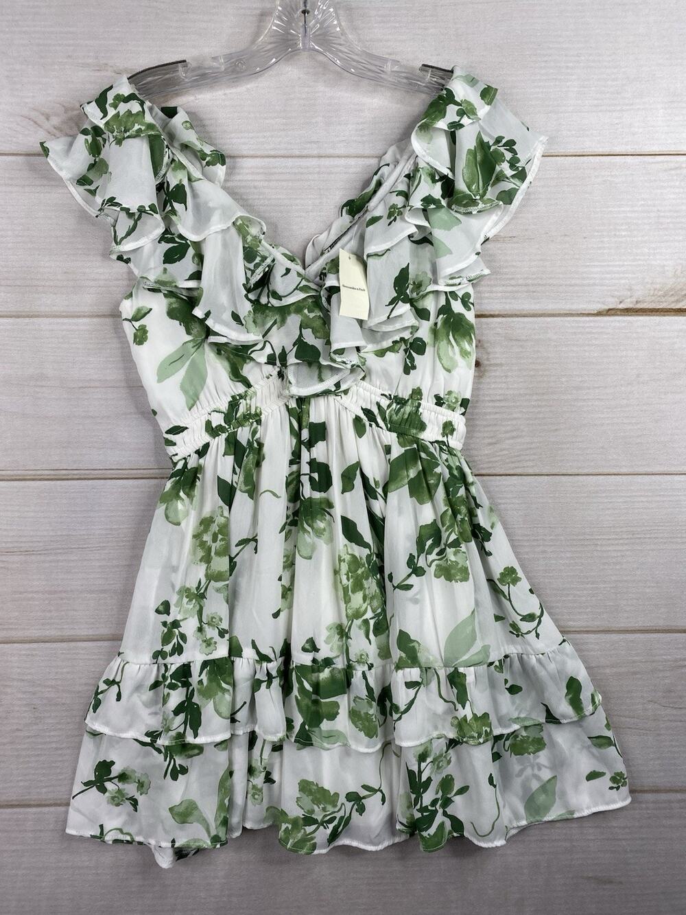 Abercombie & Fitch Dress Sz Small Petite Green Floral Ruffled V Neck